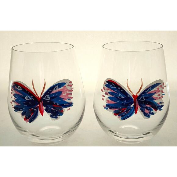 STEMLESS WINE GLASSES-Hand Painted-Butterfly-Blue Red White-SET OF 2 - Picture 5 of 9